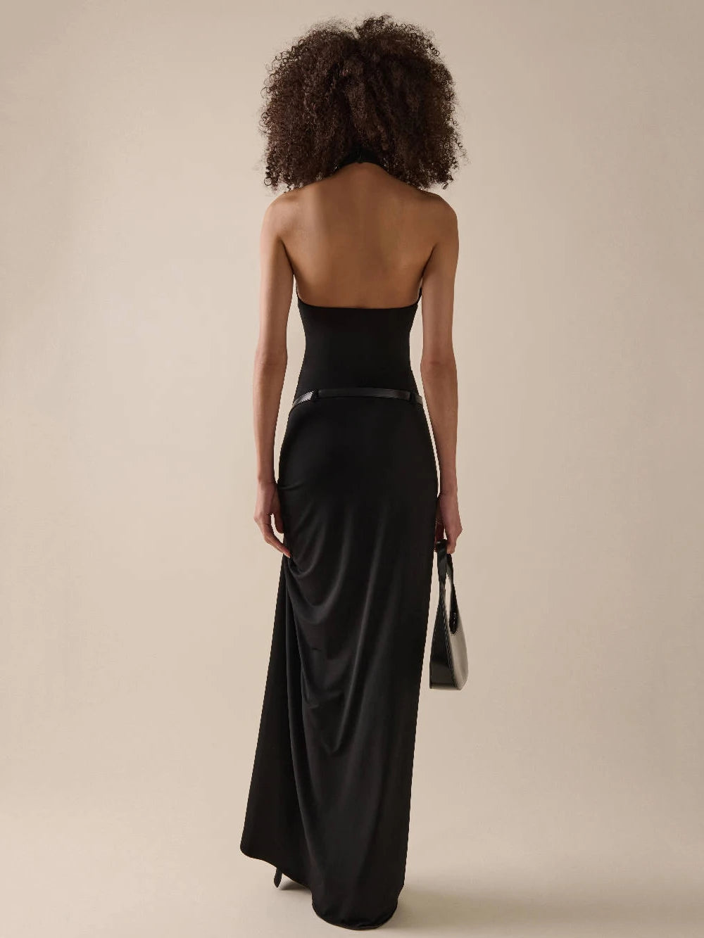 Black backless halter belt slit ankle dress.

