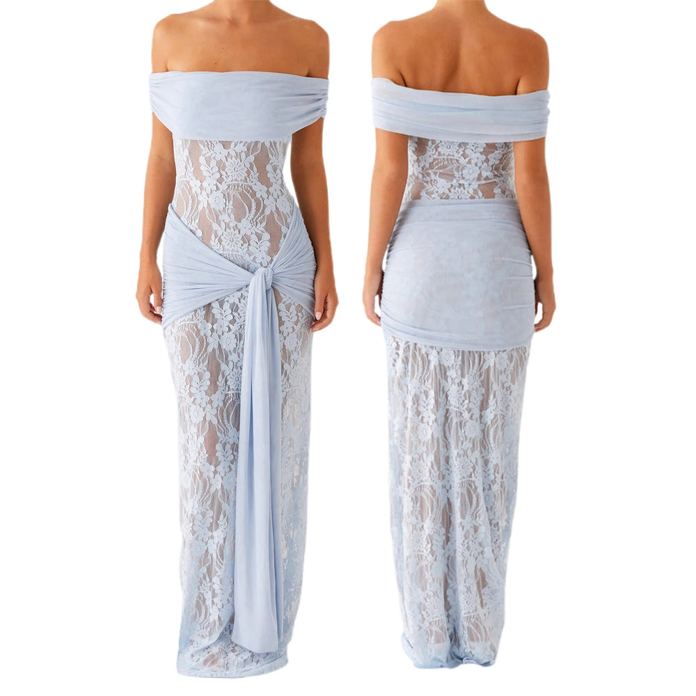 Light blue lace dress shown from front and back on a white background