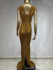 Gold Embellished Mock Neck Maxi Dress