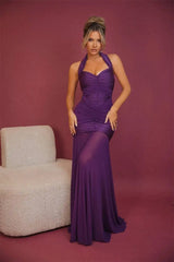 Purple ruched halter neck maxi dress
