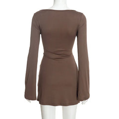 Ribbed V-Neck Cutout Long Sleeve Mini Dress