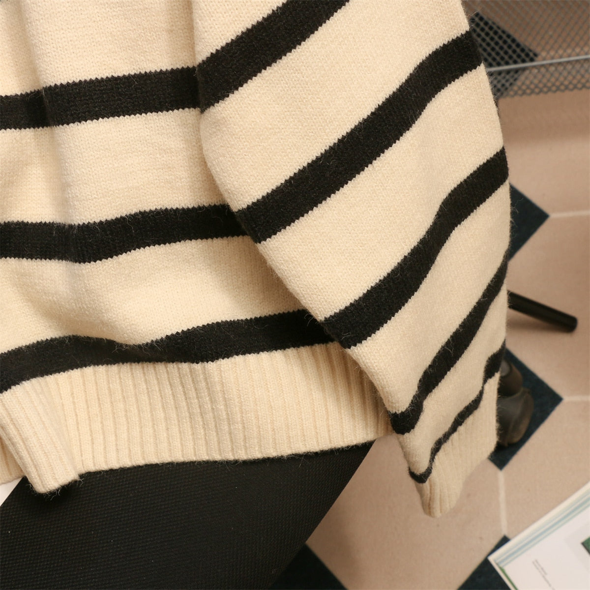 Zipper Knitted Long Sleeve Stripe Women's Turtleneck Sweater
