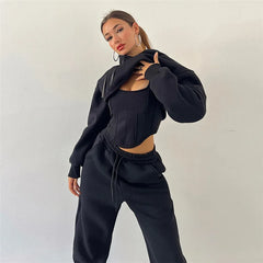 Lace Up Solid Splice Long Sleeve Short Hoodies And Pant Suit