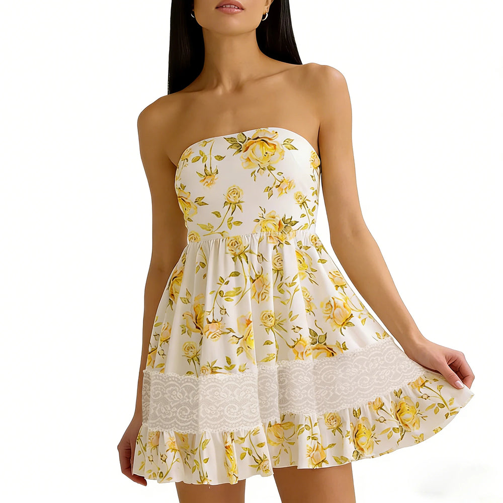 Strapless lace trim mini dress with yellow floral print and hand on hem