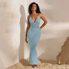 Light blue crochet knit halter neck maxi dress