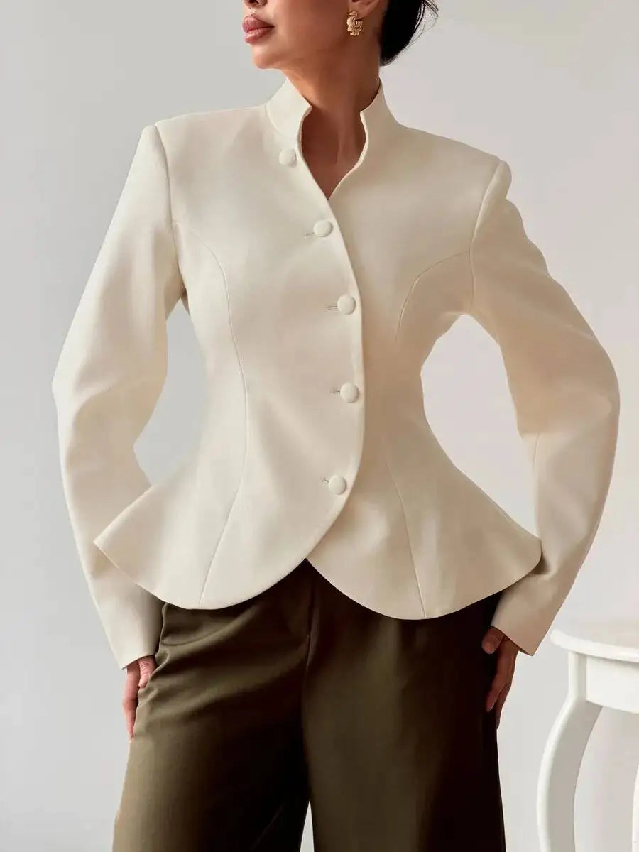 White Mandarin Collar Peplum Blazer