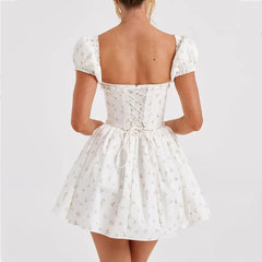 Flower Bow Corset Lacing up Back Puff Sleeve Mini Dress