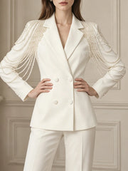 Pearl Beaded Tassel Shoulder Double Breasted Blazer