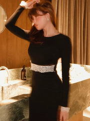 Long Sleeve Lace Trim Midi Dress