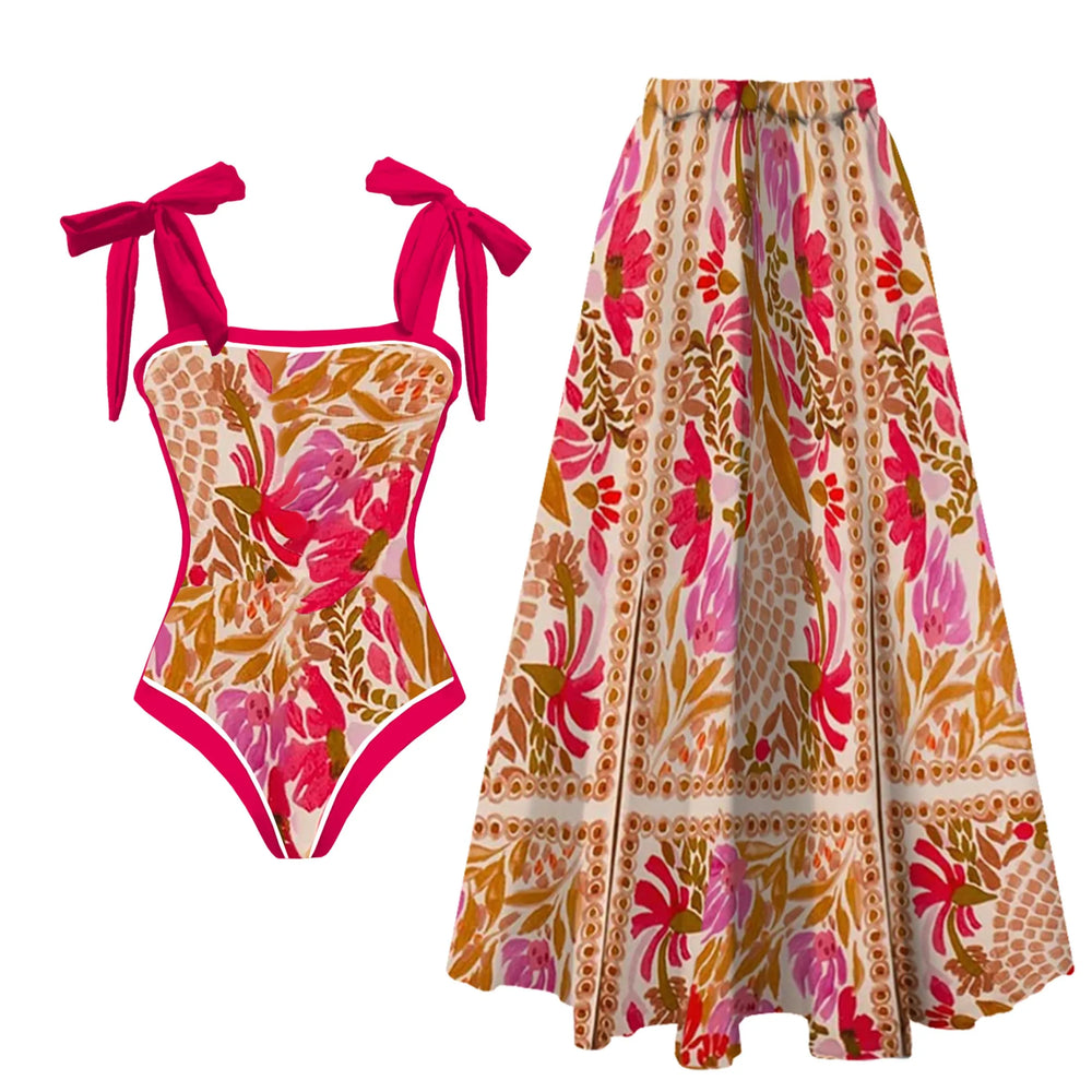 Tie-shoulder one-piece swimsuit and floral print maxi skirt set