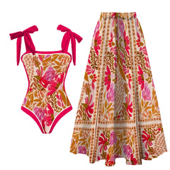 Tie-shoulder one-piece swimsuit and floral print maxi skirt set