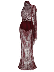 Asymmetric Lace High Neck See-Through Drape Maxi Dress