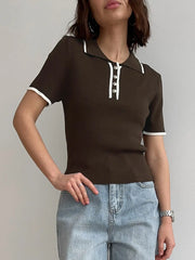 Ribbed Knit Polo Collar Short Sleeve Contrast Trim Cropped Top