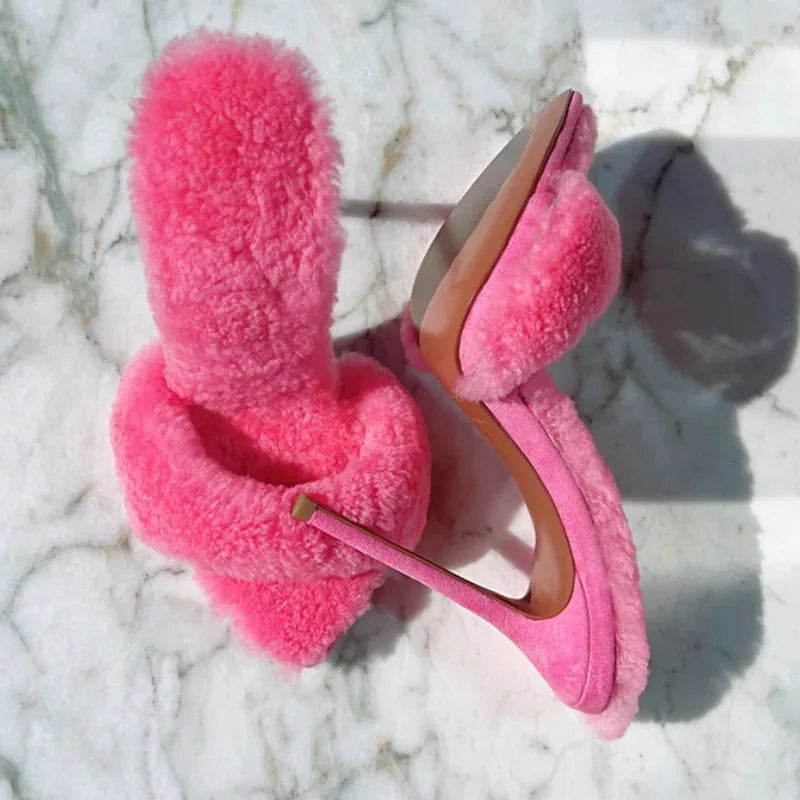 Runway High Heel Slippers Women Slingback Large Size Shoes Pointed Peep Toe Fur Dress Slides Party Women's Sandals Golden Atelier