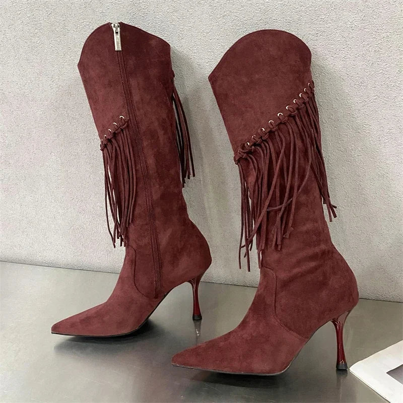 Fringe Thin High Heels Knee-High Boots