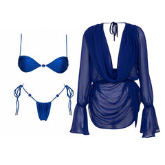 Blue Twisted Bandeau Bikini and Chiffon Cover up Set