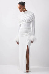 Draped Feather Cuff Maxi Dress