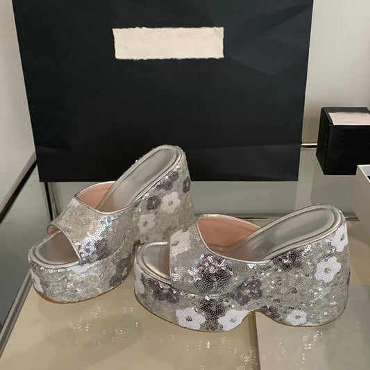 Silver floral sequin platform wedge sandal with open toe