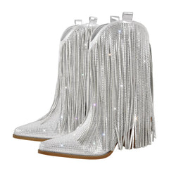 Rhinestone Fringe Pointed Toe Boots