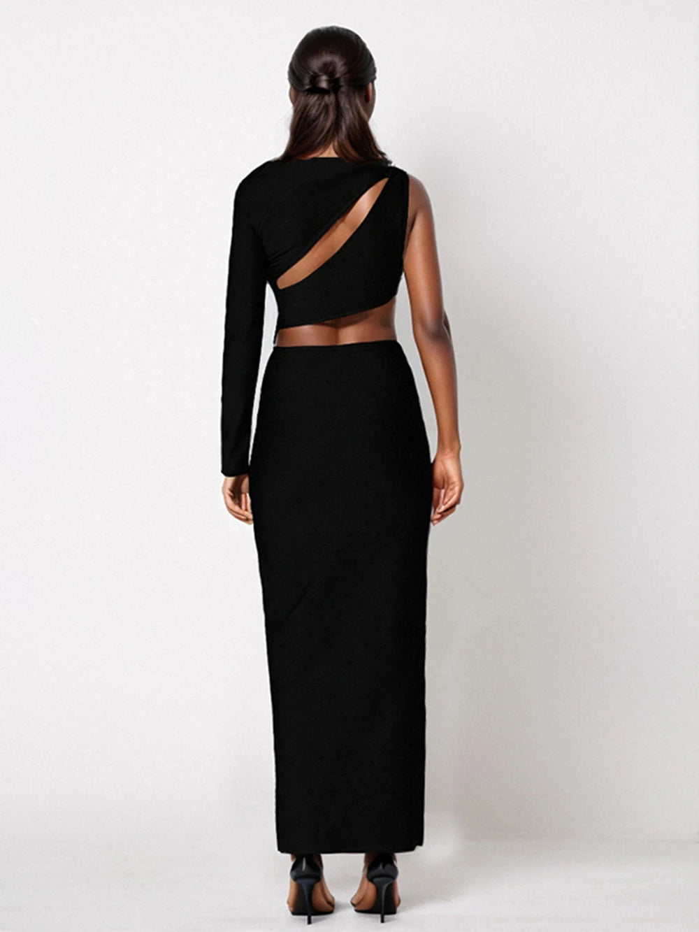 Black Long Sleeve One Shoulder Hollow Diamond Star Maxi Dress