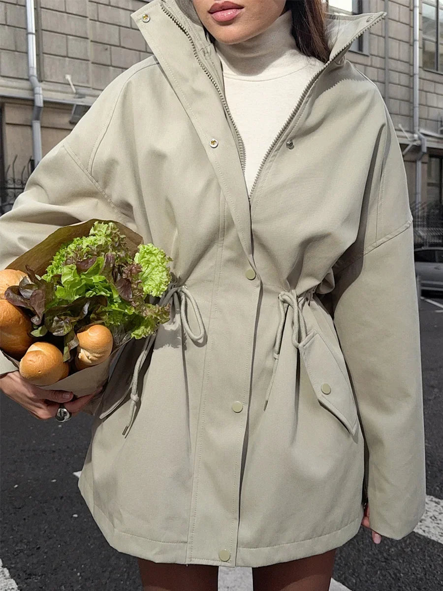 Drawstring waist standing collar jacket in light beige