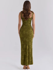 Green Floral Wide Strap High Slit Maxi Dress