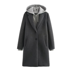 Patchwork Hooded Button Zipper Long Sleeve Coats