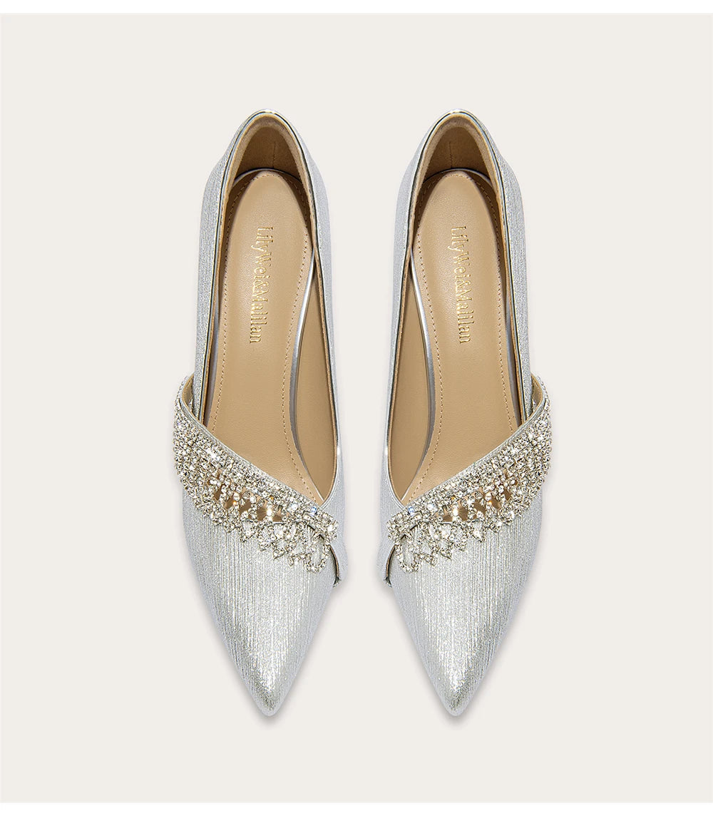 Silver pointed-toe shoes with embellishments on a light gray background