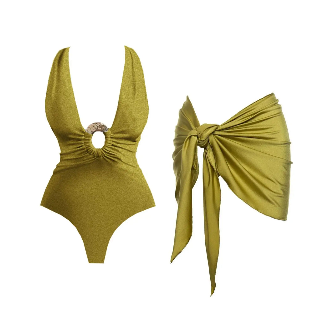 Olive green one shoulder swimsuit with a tie-front skirt