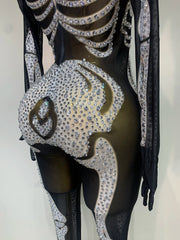 Long Sleeve Skeleton Rhinestone Mesh Jumpsuit