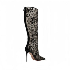 Black floral mesh knee-high stiletto boots side view