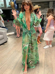 Tiger Print Deep V Maxi Dress