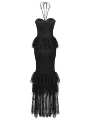 Black lace fringe pink flower halter maxi dress.