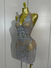 Sparkling rhinestone halter mini dress side view