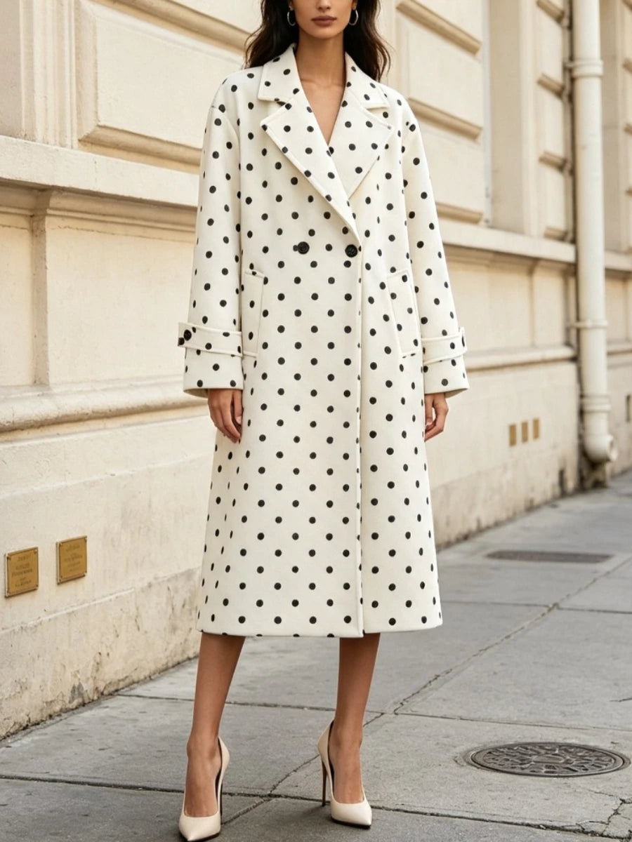 Polka dot lapel collar coat with double breasted closure