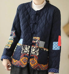 Women Quilted O-neck Print Loose Thick Outerwear Coats