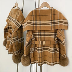 Plaid Double-Breasted Fur Trimmed Coat