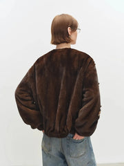 Beaded Brown Faux Fur Bomber Jacket