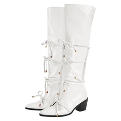White pointed toe knee high boots with bow detail and block heel