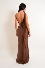 One Shoulder Low Back Draped Buckle Maxi Dress