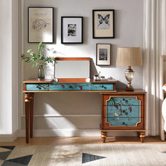 Birch wood makeup desk with botanical drawers and cushioned stool