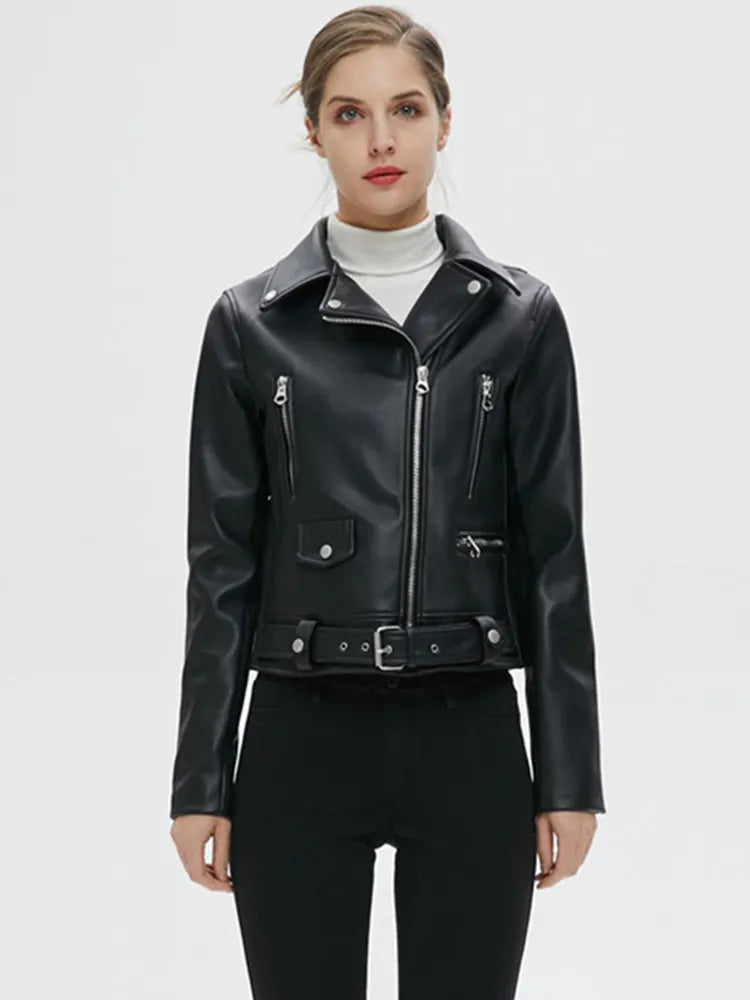 Model wearing Black Faux Leather Zipper Turn-down Collar Jacket With Belt against white background