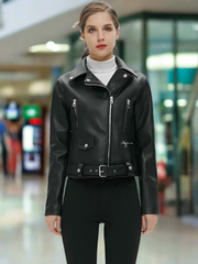 Black Faux Leather Turn-down Collar Jacket With Belt