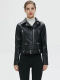 Black Faux Leather Zipper Turn-down Collar Jacket With Belt