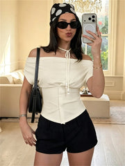 Off-Shoulder Ruched Bodice Top with Button Front