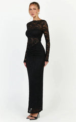 Black Lace Sheer Long Sleeve Ruched Maxi Dress