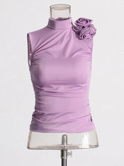 Stand Collar Ruched Flower Appliques Vest Top