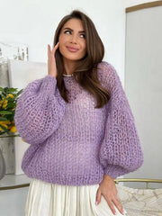 Purple Round Neck Long Lantern Sleeves Sweater