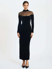 Black Velvet Sheer Off-shoulder Long Sleeve Maxi Dress