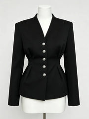 Peplum Waist V-Neck Pearl Button Blazer